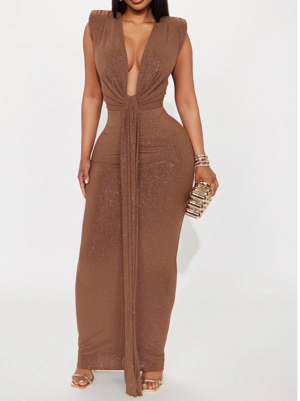 Golden Bronze Sparkle Gala Plunge Maxi Dress